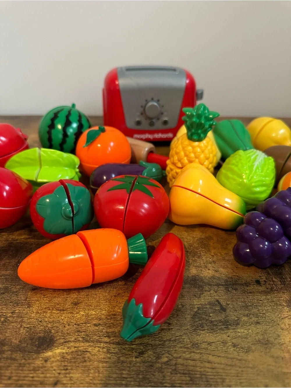 Kids Play Food Fruit & Veg Cutting Set with Red Toaster -